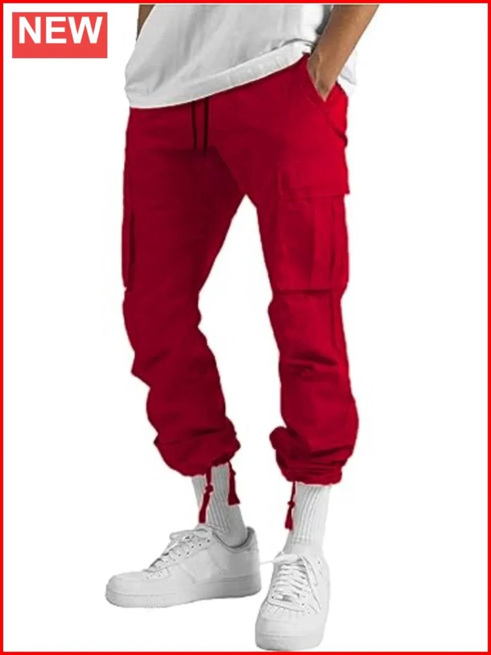 Men's Cargo Pants Drawstring Casual Hiking Joggers Athletic Trousers Cotton
